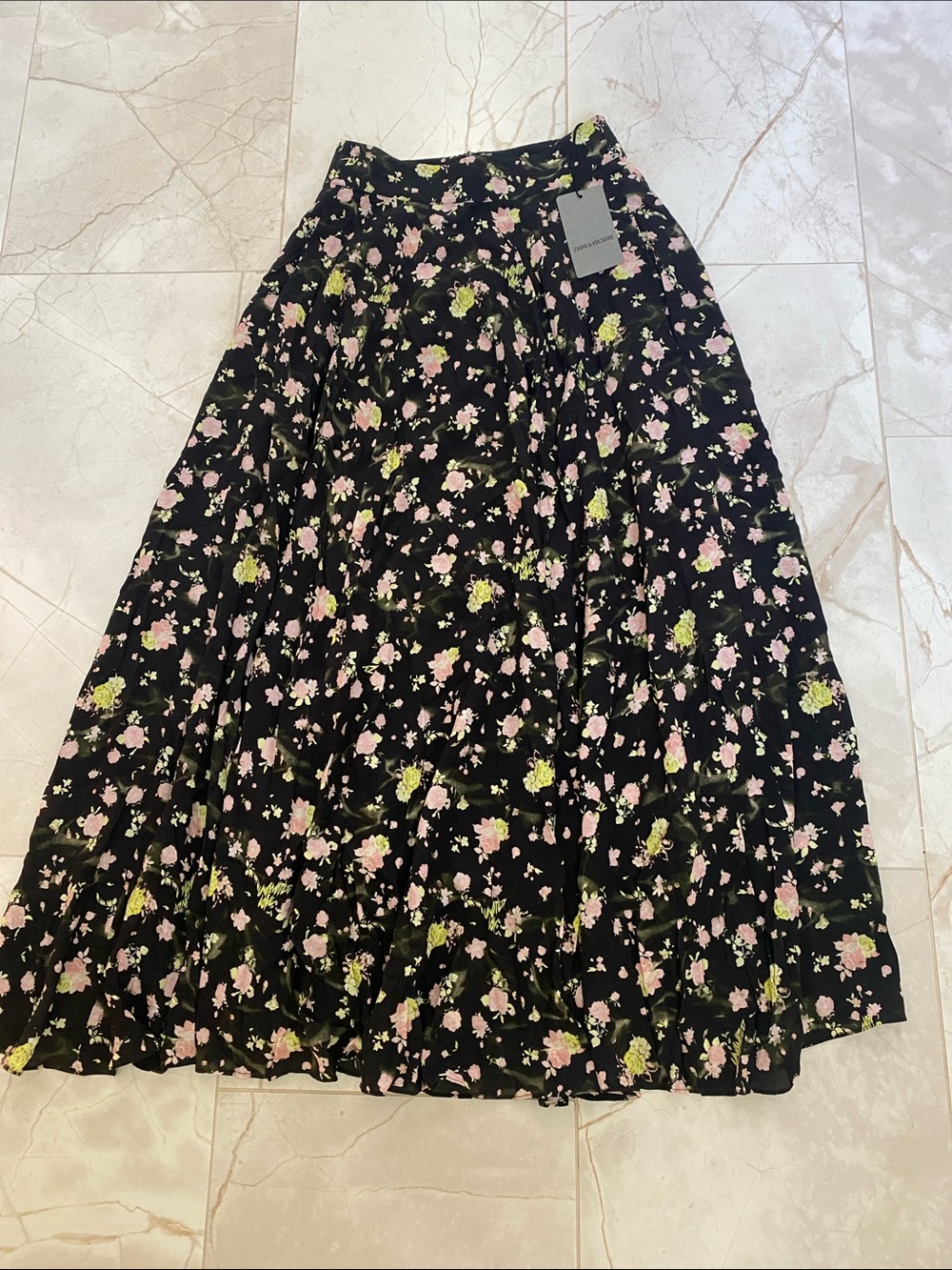 Zadig & Voltaire Black Maxi Skirt with Pink and Green Floral Print